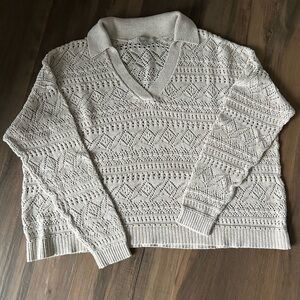 LOFT Cream V-Neck Crochet Collared Sweater